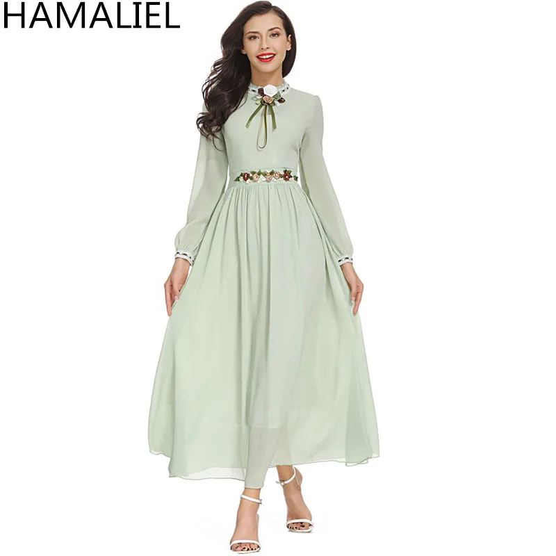 HAMALIEL Light Green Chiffon Big Swing Holiday Beach Women Dress Autumn Long Sleeve Embroidery