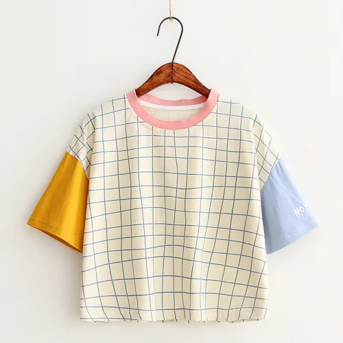 Lychee Harajuku Casual Loose Summer Women T Shirt Plaid Embroidery Color Matching Lady Short Sleeve Tee Top
