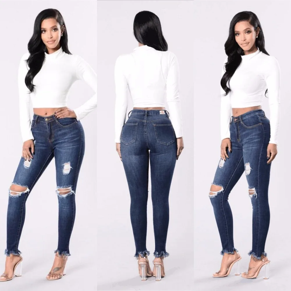 Ripped Jeans Elasticity Skinny Sexy Pants Foot Tassel High-Waist Jeans Washed Blue Denim Full-Length Push Up Women Jeans Femme (4)