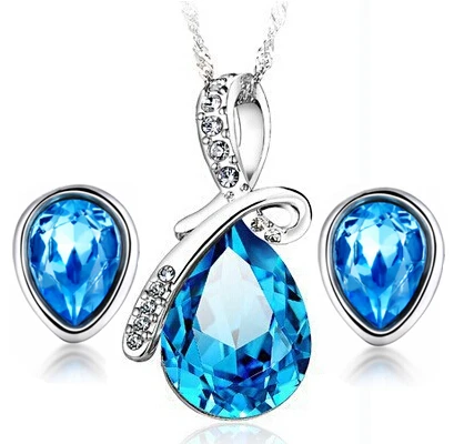

100% Silver 925 AAA Jewelry Sets for Women Navy Blue Water Drop Jewelry Set Crystal Solid Silver Free Shipping SS015