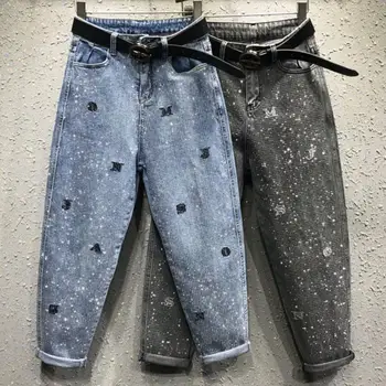 

plus size 26-31!spring summer new fashion diamond embroidered jeans women loose ankle length harem pants