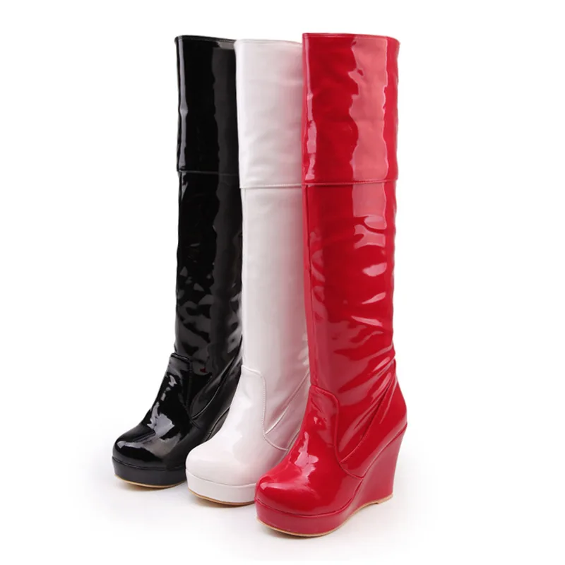 

POADISFOO New Flat Bottom Wedge High Boots Patent Leather Female Boots Size Code Work women's Shoes Big Tube Custom.XJ-SQMM-8
