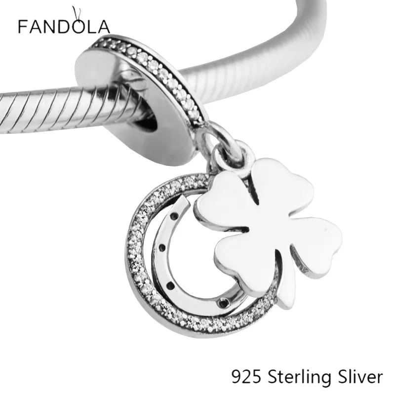 

925 Sterling Silver Lucky Day Pendant Clear CZ Clover Dangle Charm Fits for Brand Charm DIY Bracelet Jewelry