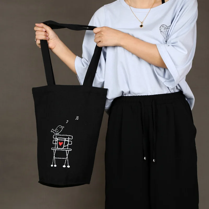 

Single Shoulder Bag Canvas portable Korean version shopping cotton bag bucket bag linen black