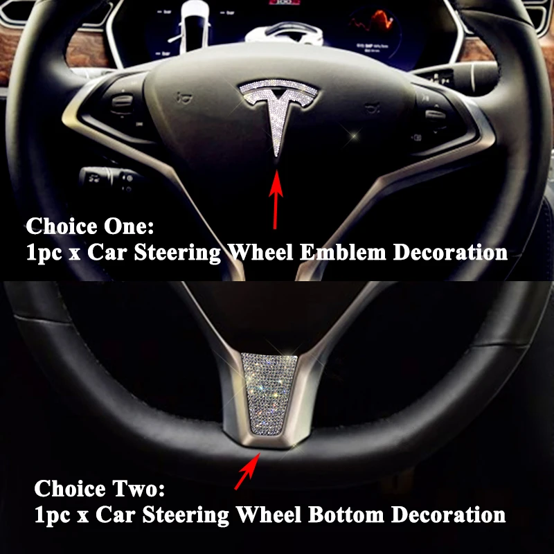 Imitation Crystal Car Steering Wheel Emblem Decoration Wheel Hub Cover Logo Sticker Styling Accessory for Tesla Model S Model X