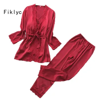 

Fiklyc brand long sleeve summer women's three pieces pajamas sets bathrobe + long pants + padded tops satin female sexy homewear
