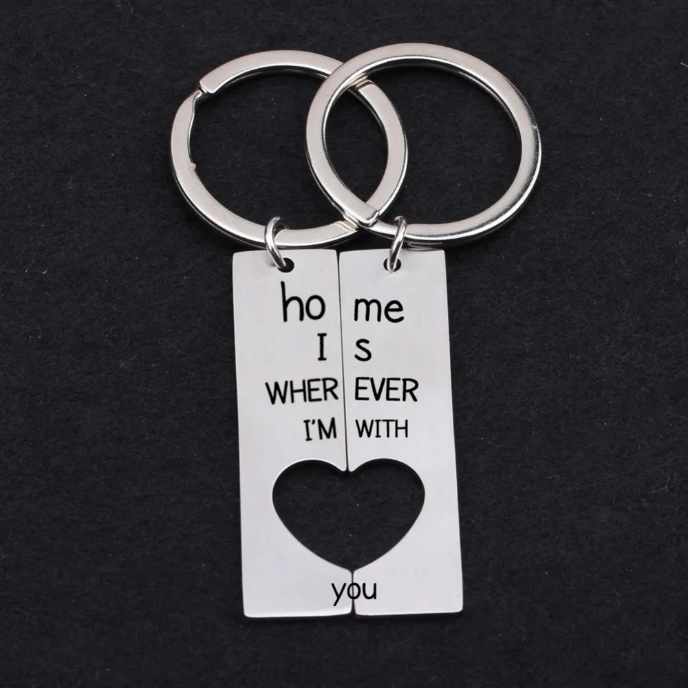 

2PCS HOME KEyring Couples Keychain Heart Home is WHEREVER I'M WITH YOU Keychian KEysholder
