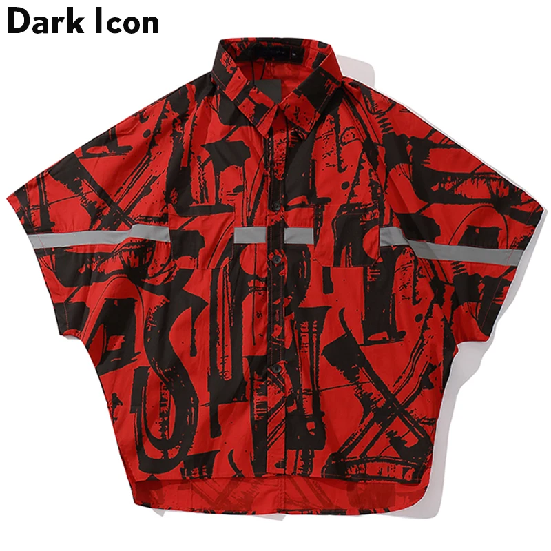 

Dark Icon Printing Front Short Back Long Oversized Hip Hop Shirt Men Batwing Sleeve 3M Reflective Shirt Street Men's Shirt