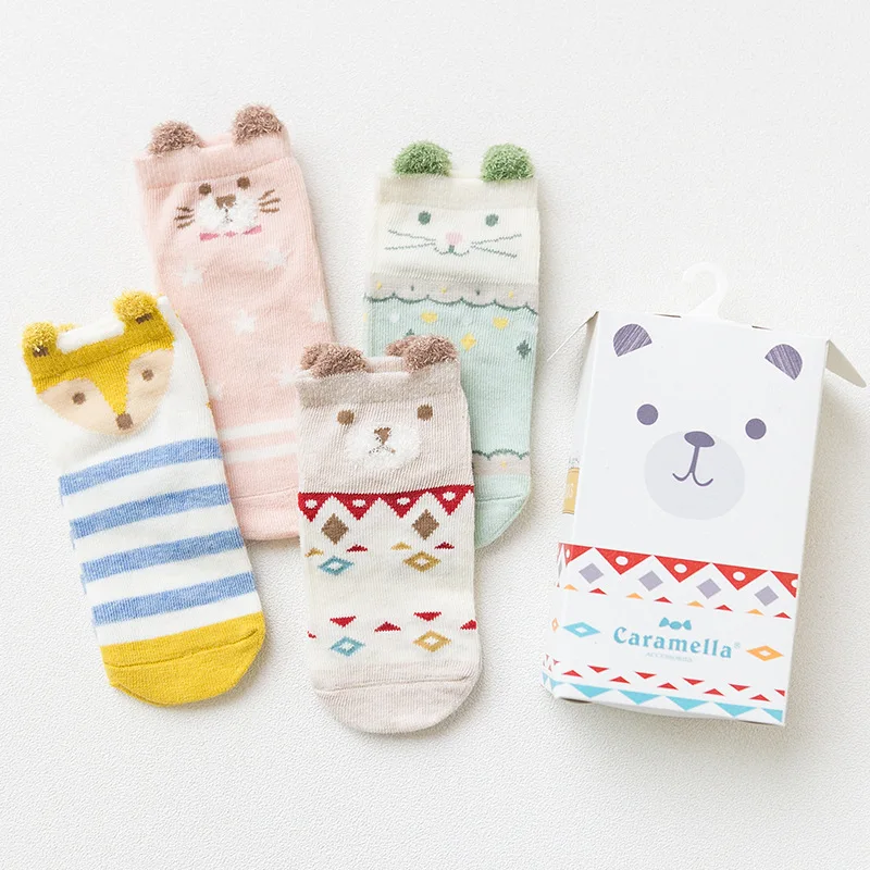 high quality women socks gift box 4 pair cute cat printed color cotton animals women fashion short lady ankle socks