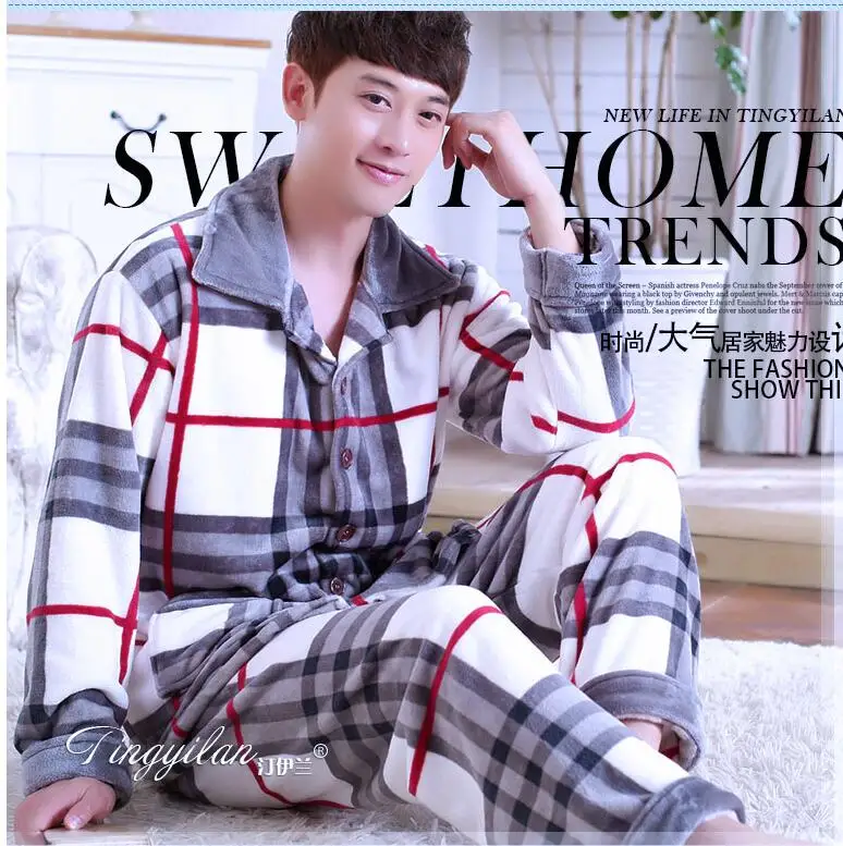 Fashion Brand Luxury Winter Pajamas Men Sleepwear Thick Warm Coral Fleece Mens Pajama Set Male Nightwear Leisure Home Clothing