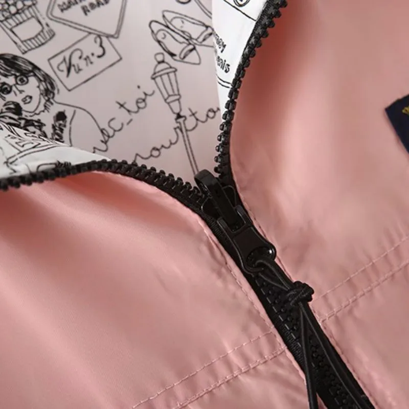 Best  2020 Spring Autumn Women Basic Jacket Coat Two Side Wear Cartoon Print Pocket Zipper Hooded Jackert