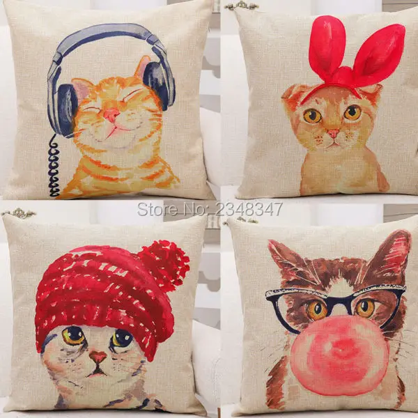 

Lovely Adorable Cute Headphone Bow Hat Cat Cartoon Home Decorative Pillow Cushion Throw Covering Case Linen Cotton Sofa Seat Car