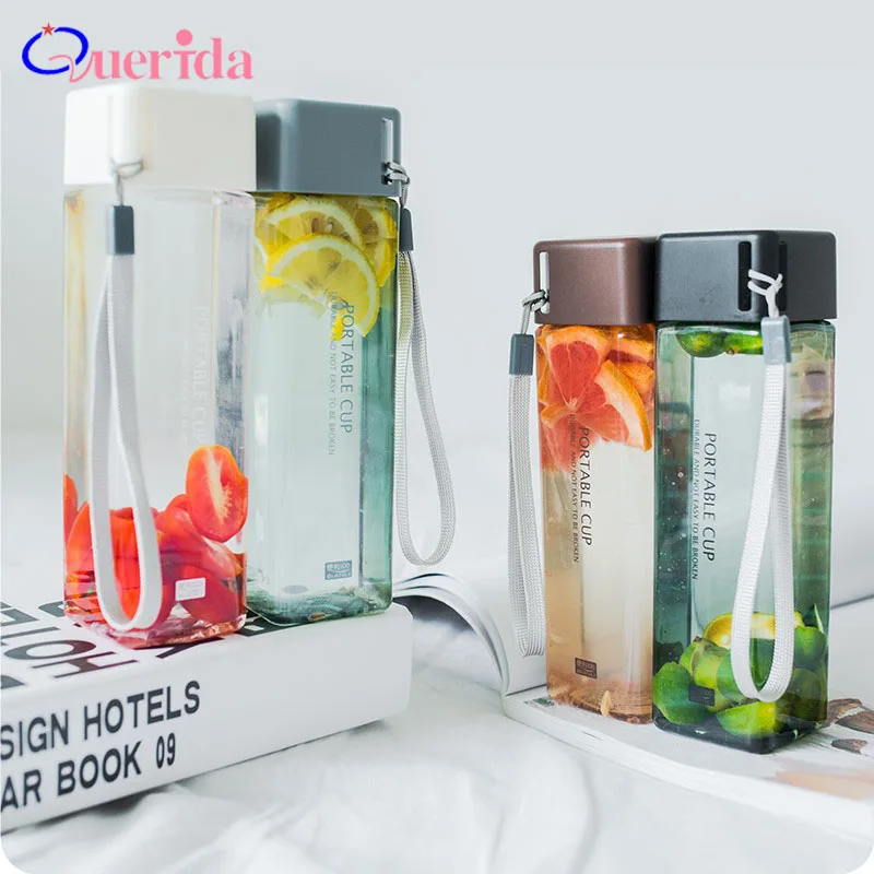 

470ML Square Plastic Water Bottle Portable Leak-proof With Rope Sports Travel Bottle Personality Transparent Camping Drinkware