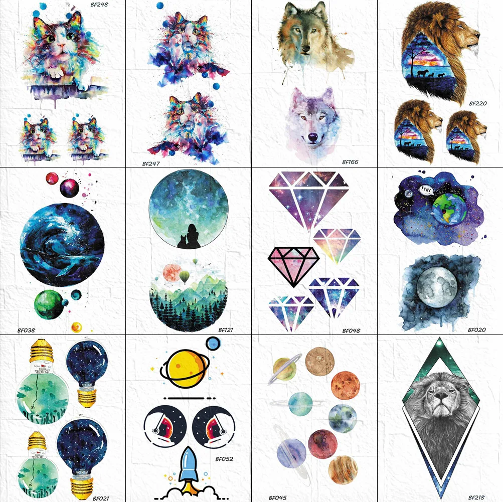 

Watercolour Child Tattoos Stickers Women Cute Diamond Chest Galaxy Tattoos Temporary Cats Moon Girls Body Arm Universe Tatoos