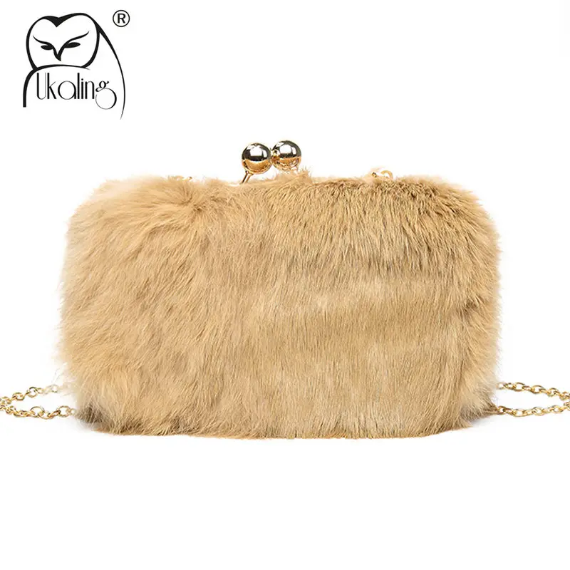 UKQLING Real Rabbit Fur Evening Bag Clutch Dinner Party Purse Day
