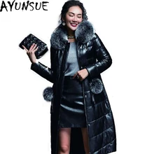 AYUNSUE/Высококачественная Женская куртка из натуральной кожи, утиный пух, длинное пальто с капюшоном из натурального Лисьего меха, большие размеры 3XL, пальто LX356