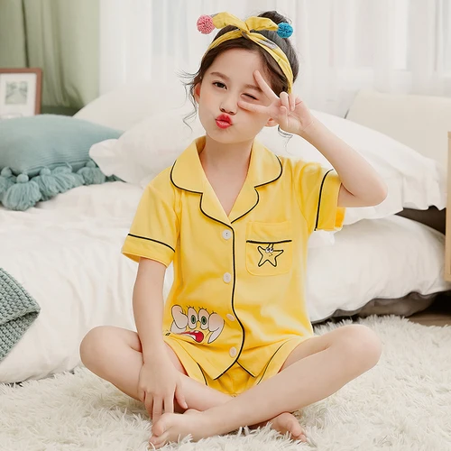 

Pajamas for Girls Full Cotton Short Sleeved Sleepwear Top +Pants Summer Big Kids Princess Nightwear Set Loose Home Wear