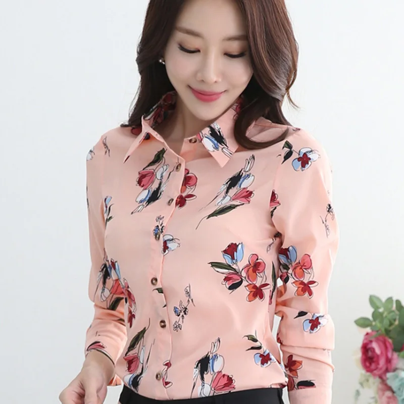 Color Floral Printed Lady Chiffon Blouses Plus Size S 4XL Pink Color