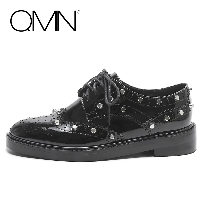 QMN women genuine leather flats Women Studded Patent Leather Brogue Shoes Woman Rivets Oxfords 34-39