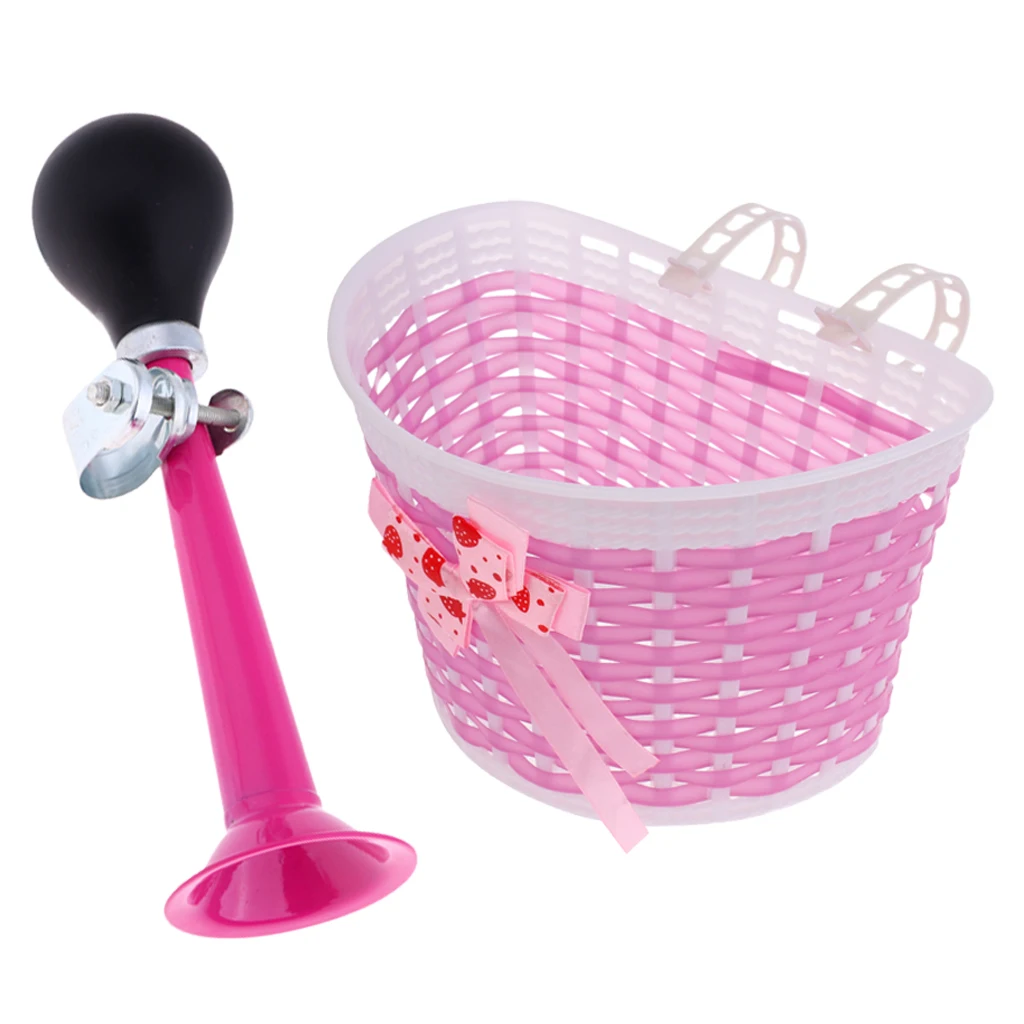 

Kids Bike Panniers Scooters Air Horn Bell Alarm Bicycle Bugle Alarm Bell Ring with Basket For Children Pink Purple