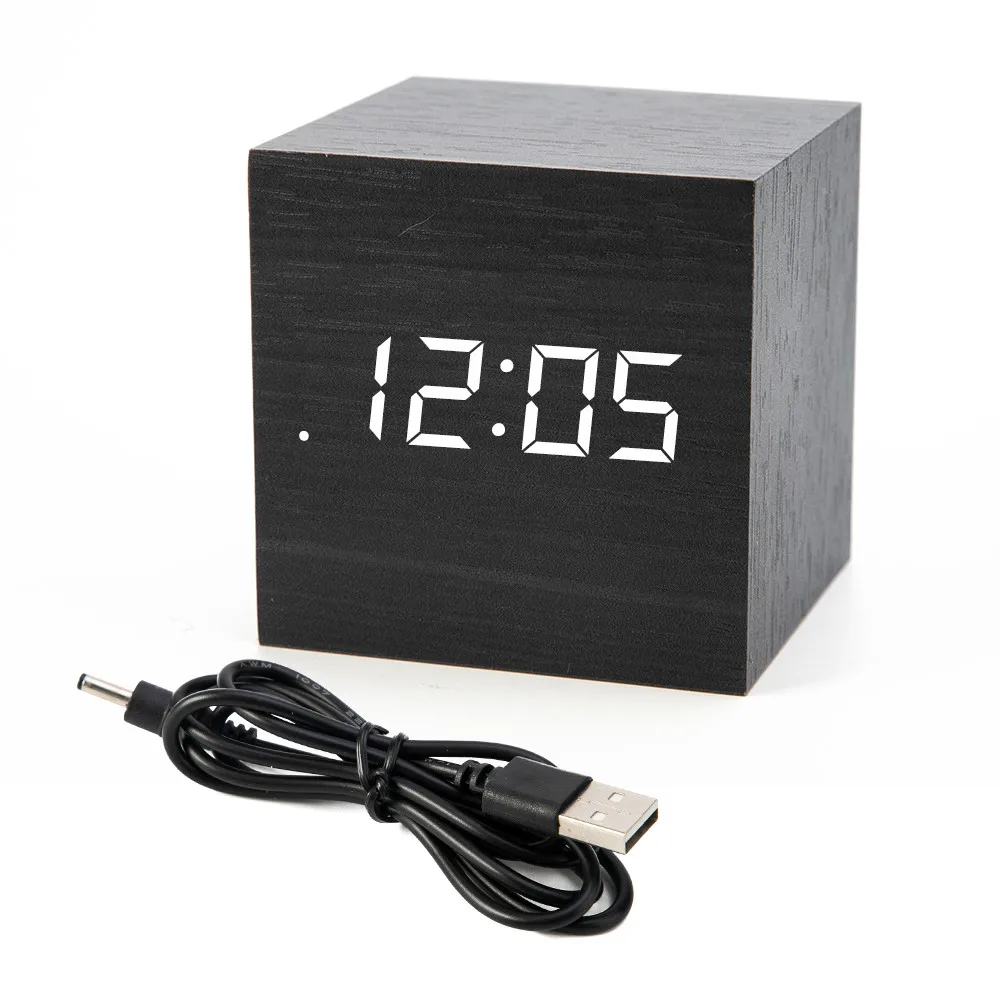 Кубические деревянные часы цифровой светодиодный Настольный будильник термометр управление звуками светодиодный дисплей календарь BestSelling2018Products - Цвет: A-Black wood white