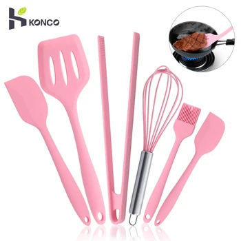 

KONCO Silicone Cookware Set, Pink 6 Pieces Egg Beater Spoon Clip Spatula Oil Brush Kitchen Tools