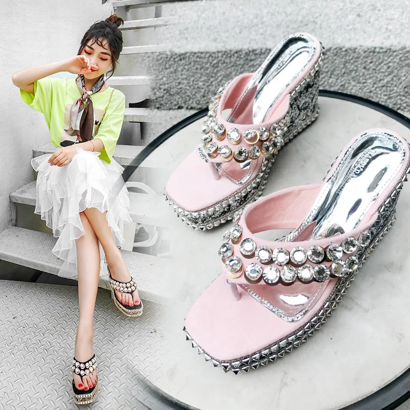 

Leather Med Water Heels String Modis Clogs Platform Flip Flops Beach With Rhinestones Rubber Slippers Wedge Shoes Woman Female