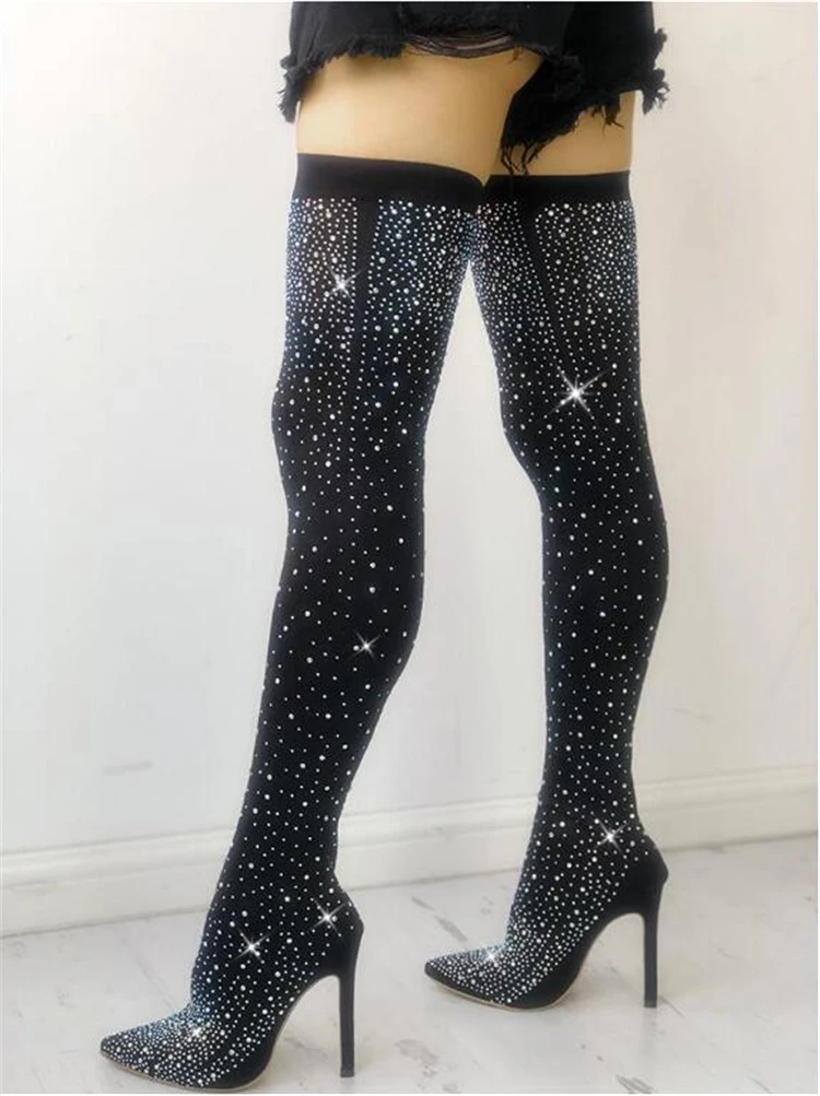 LAPOLAKA 2019 Shiny Sequin over the knee Thin Heel sock Boots big size 43 woman 11 cm high heels