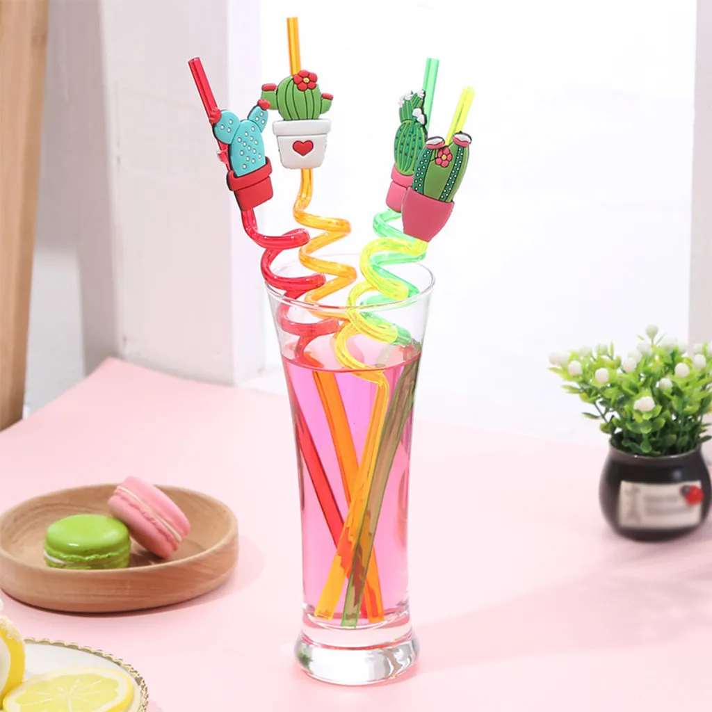 

4PCS Lovely Cactus Starw Reusable Rotating Straws Creative Colorful Smoothie Drinking Straws Milkshakes Frozen Drinks Straw