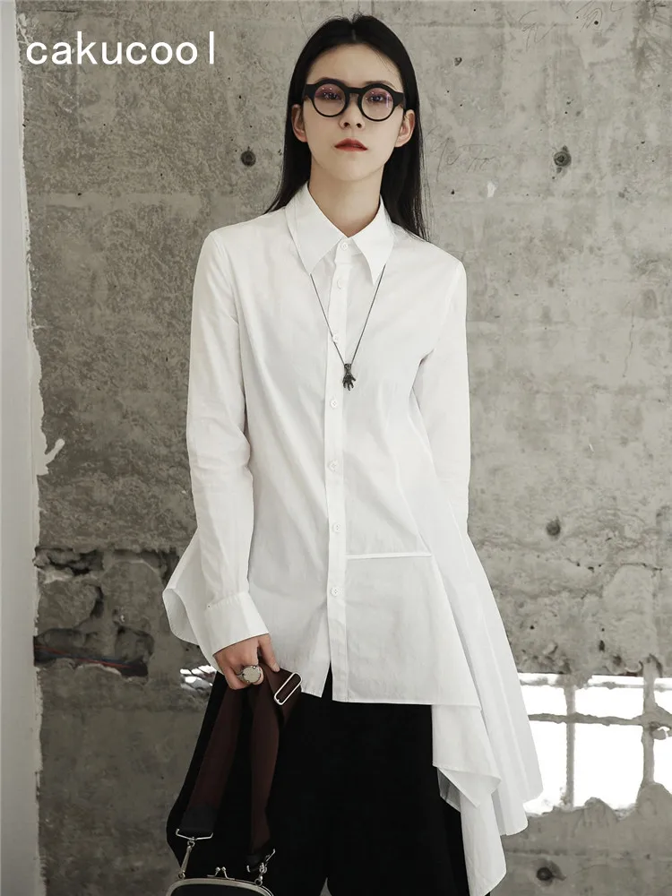 

Cakucool New Blouses Women Autumn Long Sleeve Asymmetric Design Slim White Blusa Femme Causal Minimal Brief Blouses Top Shirt