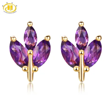 

Hutang Stone Jewelry Natural Gemstone Amethyst Solid 925 Sterling Silver Buds Leaf Earrings Spring Fine Fashion Jewelry For Gift