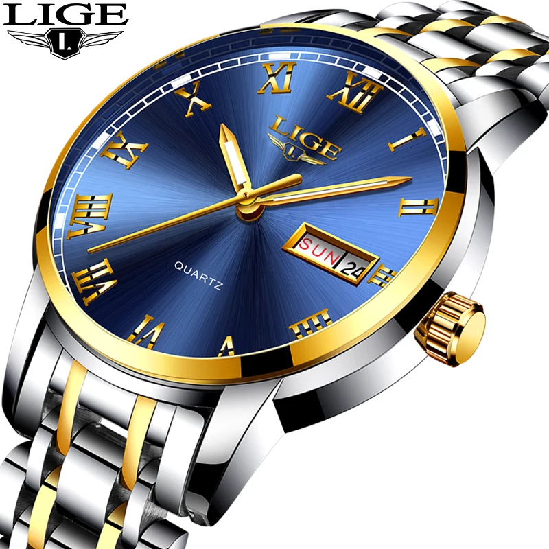 LIGE Couple Watch Gold Blue Watch Women Quartz Watches Ladies Top Brand Luxury Female WristWatch Girl Clock Relogio Feminino+Box