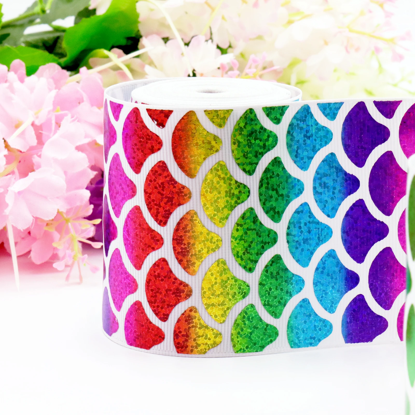 

1 Yard 7.5cm Rainbow Fish Scale Hologram Grosgrain Ribbon DIY Handmade Material Package Grosgrain Ribbon Wedding Party Decor