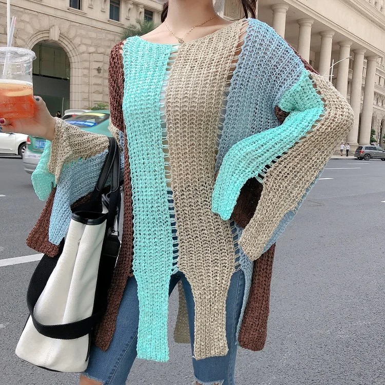 New Black Women Knitted Sweater Autumn Contrast Color Ladies Clothes Long Sleeve Crochet Loose Hollow Out Sweaters Sweaters