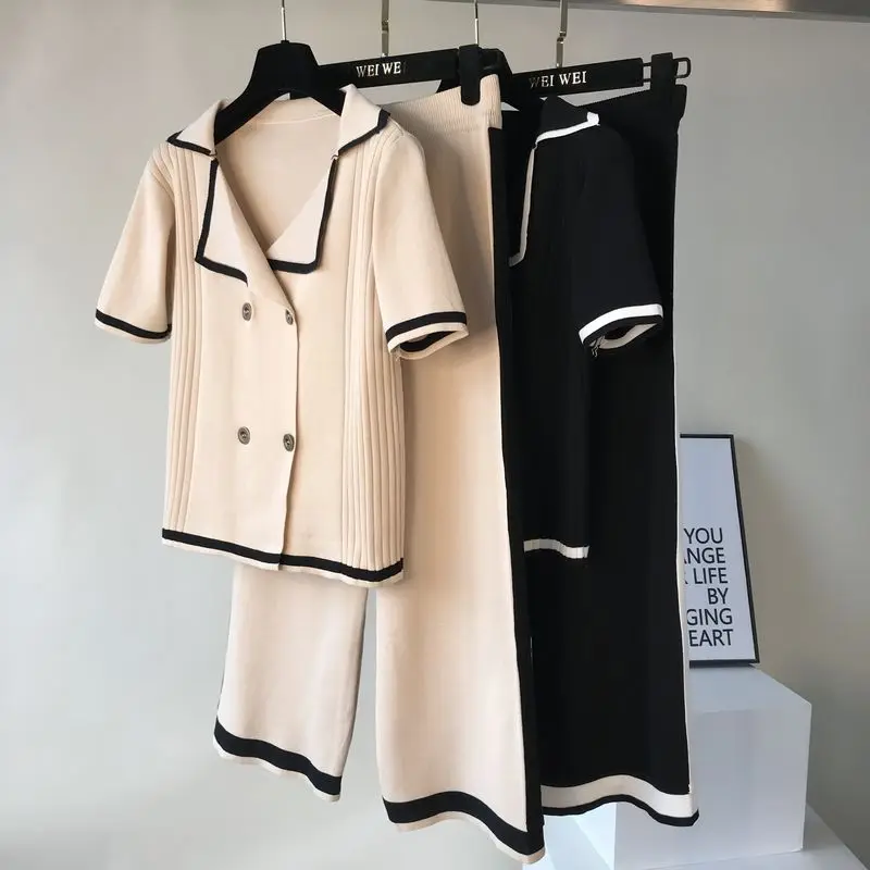 

Women Knit 2PCS Set Buttons Tops Loose Pants Sets Knit Short Sleeve Double Breasted Pullovers Wide Leg Trousers Suits for Woman