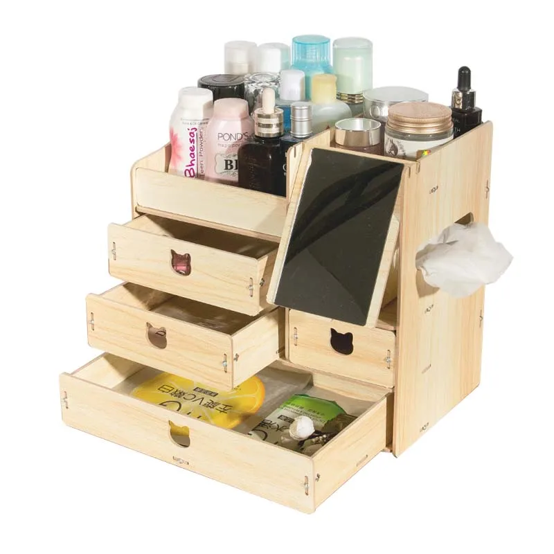 

Multi Function Desktop Storage Box Wood Stand Desk Sets with Mirror Organizer Holder Office Supplies School Tools