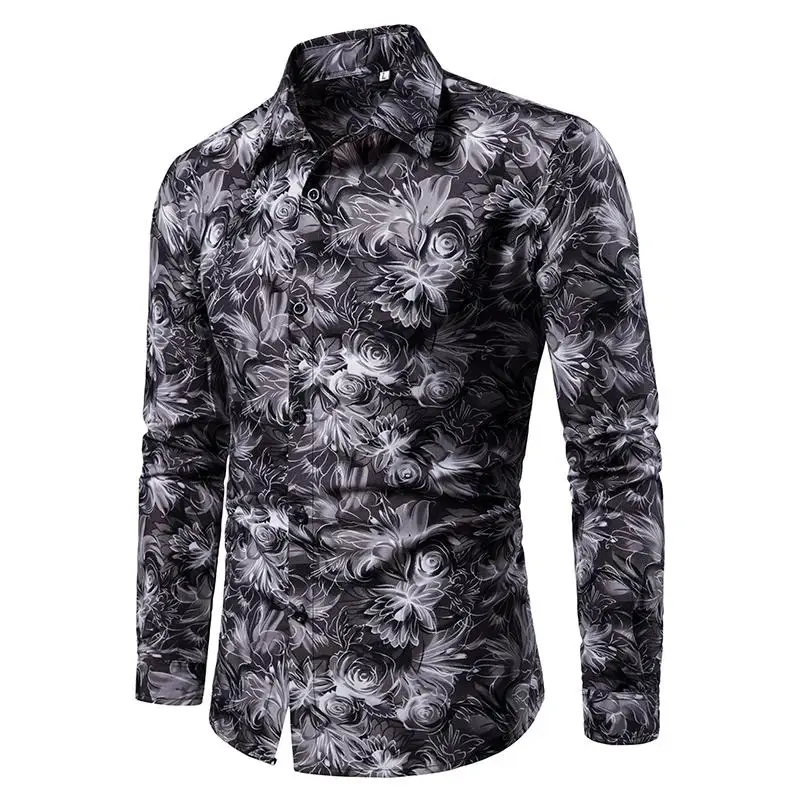 

Floral Blouse Men Long sleeve Casual Camiseta Blue black New Hawaiian Shirt Mens Clothes Flower Shirt Male