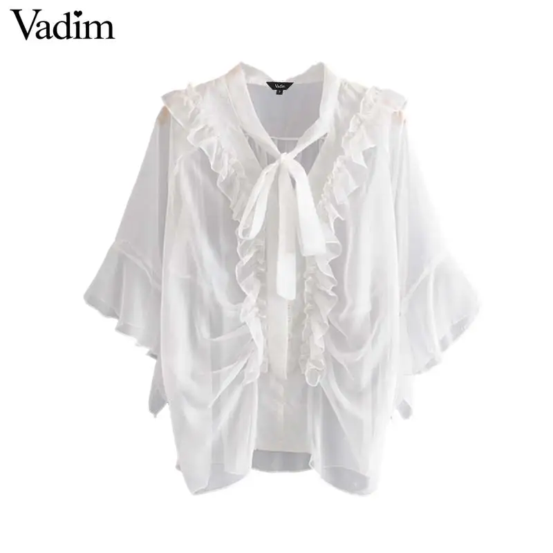 Vadim women stylish solid V neck blouse ruffles bow tie mesh transparent three quarter sleeve female summer wear tops DA405 |