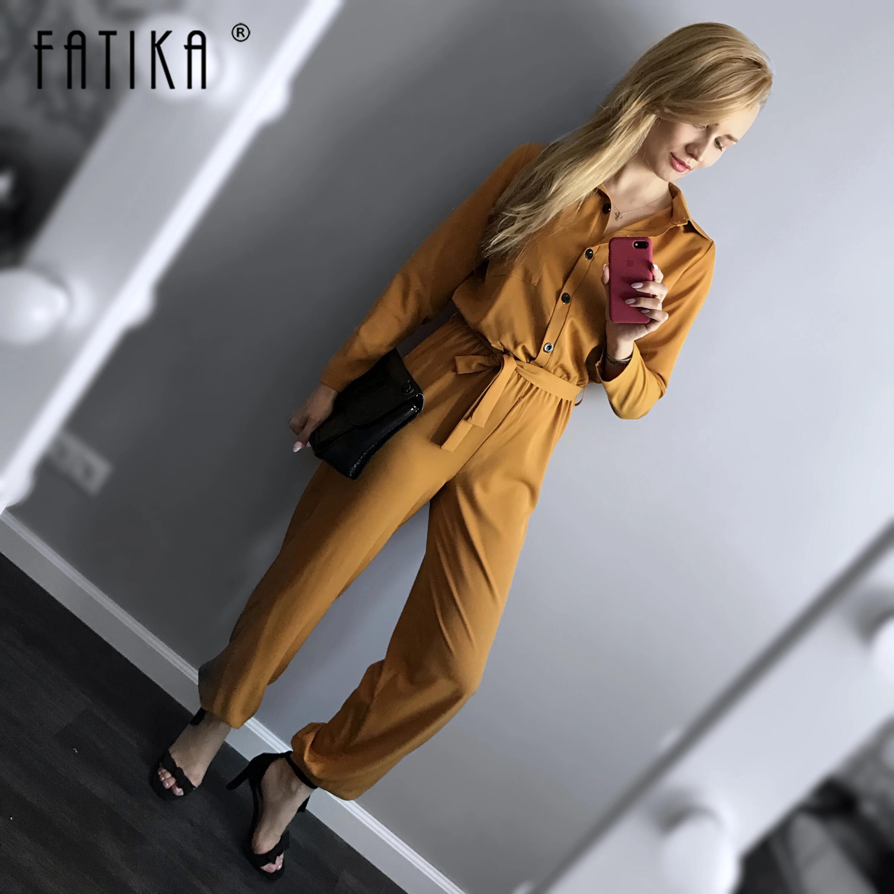 FATIKA новинка 2019 стильный крутой комбинезон с длинным рукавом и поясом отложной