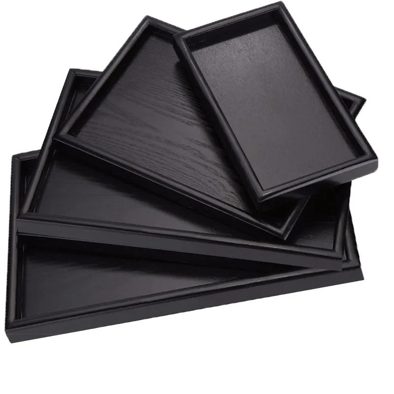 

Black Tray Rectangular Wooden Tea Tray Solid Wood Hotel Dinner Coffee Tray Serving Dessert Tray Storage Decorative