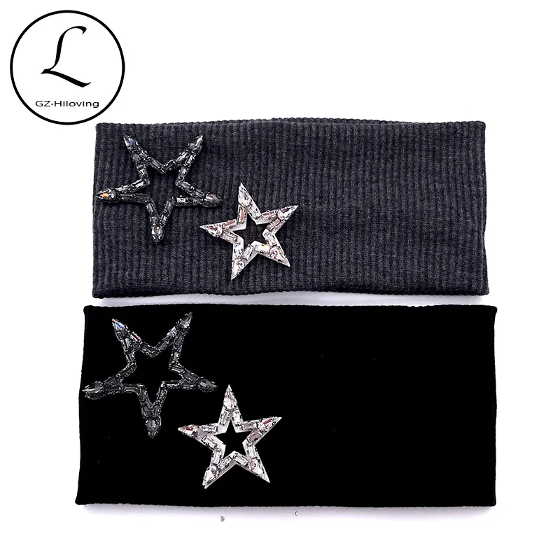 

Hot Selling Women Cotton Stretch Star Diamonds Beads Headbands Casual Solid Ribbed Head bands For ladies Hair Bands Accessories