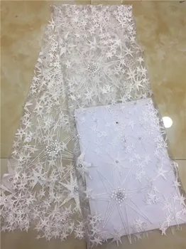 

White African Tulle Lace Fabric 2018 High Quality Beading Nigerian Lace Fabrics French Mesh Wedding Lace X12