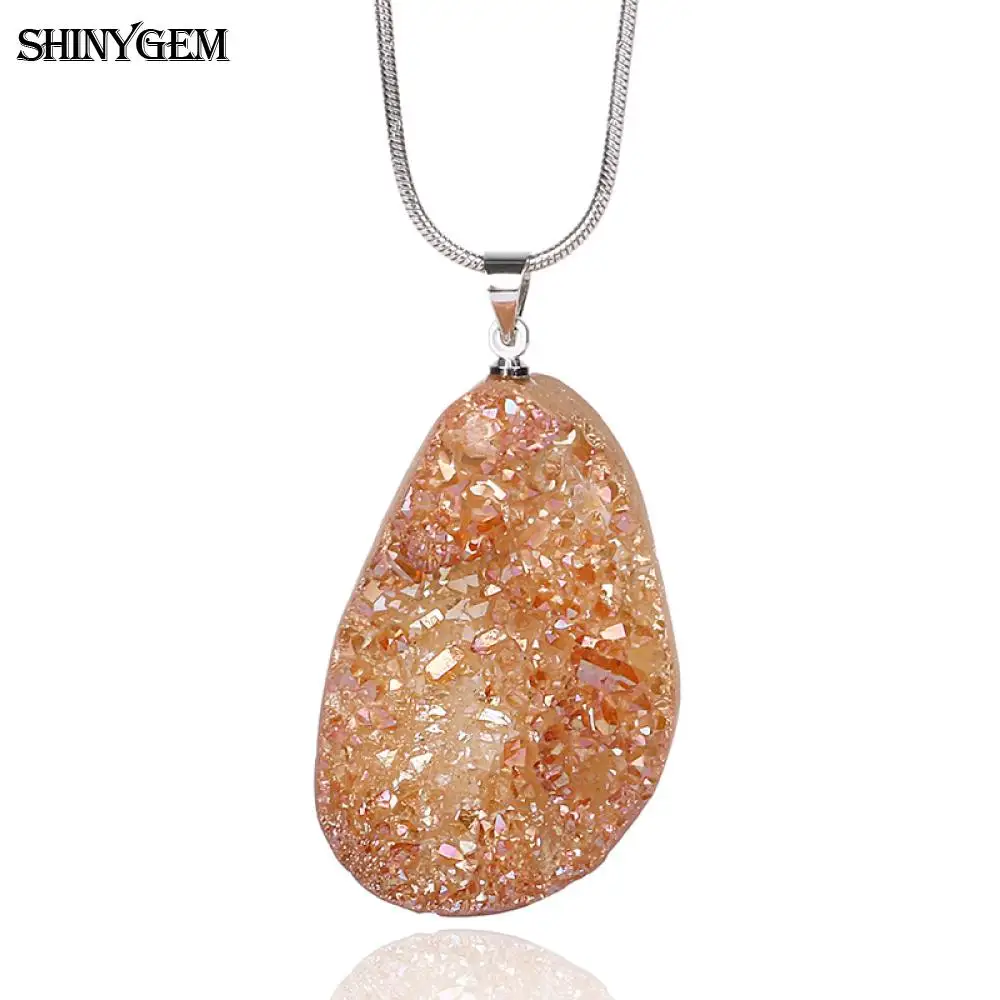 ShinyGem ожерелье с подвеской "сделай сам" с искусственным опалом, ожерелье с большим минеральным кристаллом друзы, 8 цветов, колье с натуральным камнем для женщин - Окраска металла: Champagne