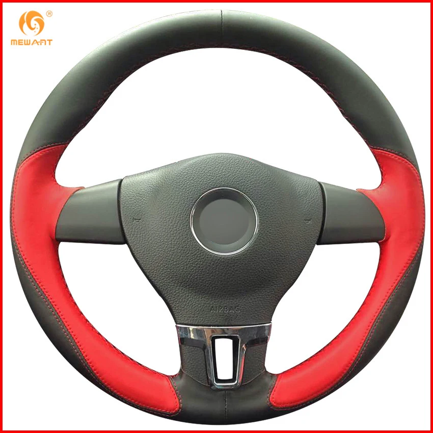 Mewant Black Leather Red Leather Car Steering Wheel Cover For