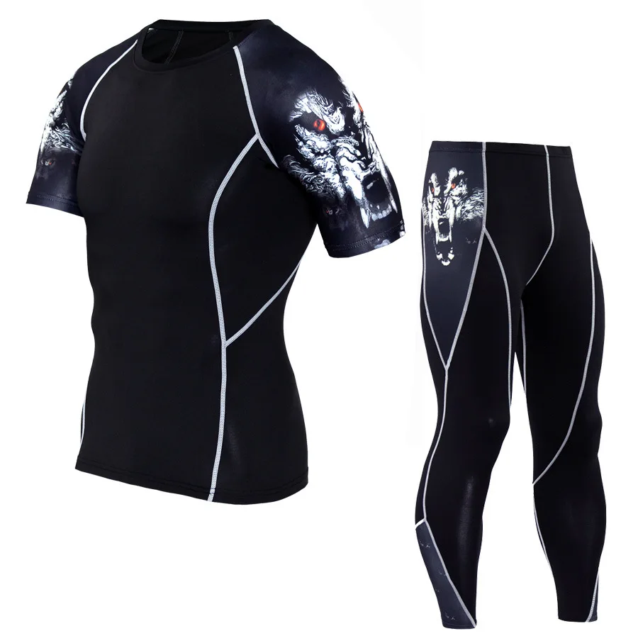 Колготки для мужчин crossfit Young wolf mma rash guard Мужская облегающая одежда футболка с короткими рукавами + брюки комплект S-XXL-XXXXL