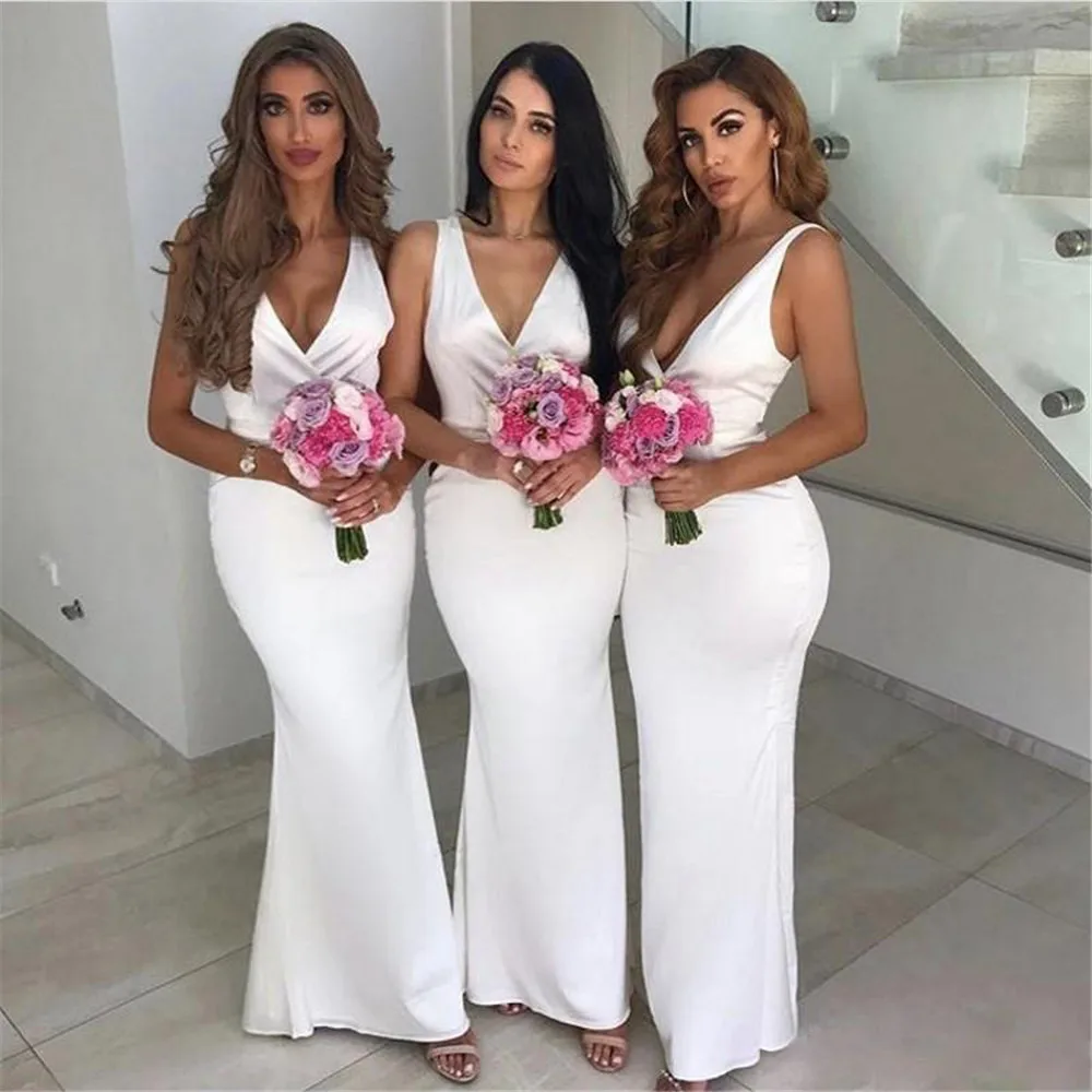 Белое платье подружки невесты в стиле русалки с v-образным вырезом длиной до пола, высококачественное атласное длинное платье для