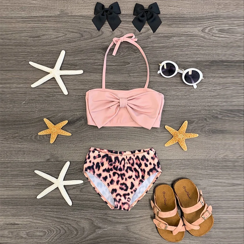 

Perimedes Children Girls Swimsuit Summer Fashion Kids Girls Sleeveless Bow Swimsuit+Leopard Print Shorts Swimwear Clothes Set