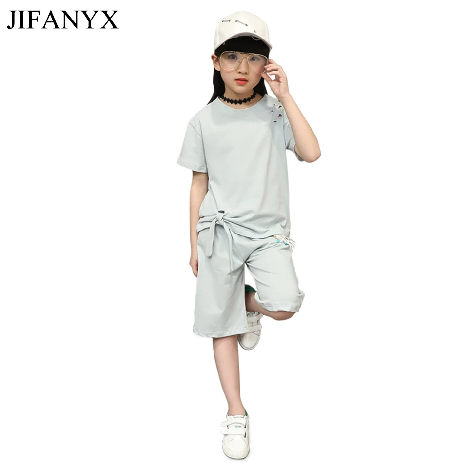

JIFANYX Kids Girls Clothing Set Summer Cotton T-shirt + Loose Pants 2 pcs Set Children Fashion Hole T-shirt Wide Leg Pant Suit