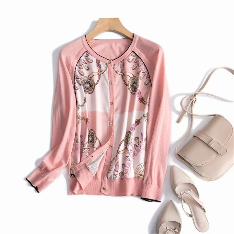 

Luxury Designer Brand Knitted Cardigans for Women O Neck Diamond Chain Printed 30% Silk Spliced Loose Knitted Sweater