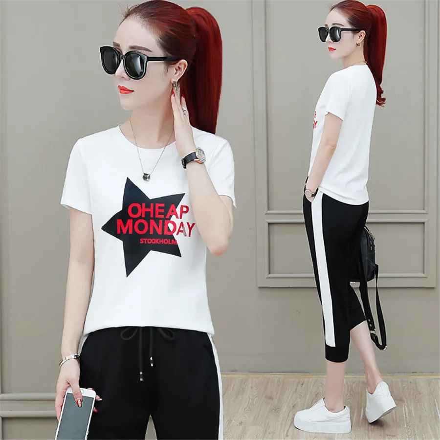 

High Quality Fashion 2 Piece Set Women 2019Summer Casual Printed star T shirts + Pants Sportswear Sets Sweat Suit M-4XL